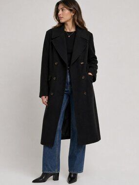 NWT Bernardo Wool Blend Double Breasted Long Coat Black Size XL